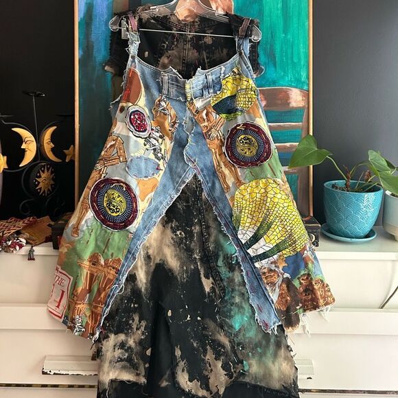 None Dresses & Skirts - Patchwork Denim Jumper Skirt Upcycled Overall Dress Painted One of a Kind OS